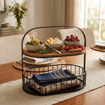 JK Home Décor - Διώροφη Μικρή Ραφιέρα / Σετ Σερβιρίσματος από Μέταλλο & Μπαμπού Υ30εκ.Μ27εκ.
