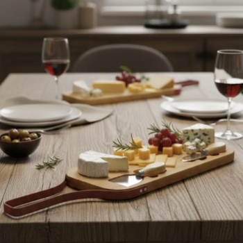 Ξύλινη Πλάκα Κοπής & Σερβιρίσματος Τυριών με Μεταλλική Λαβή – Σετ με Εξειδικευμένα Μαχαίρια (49x34x1.5cm)