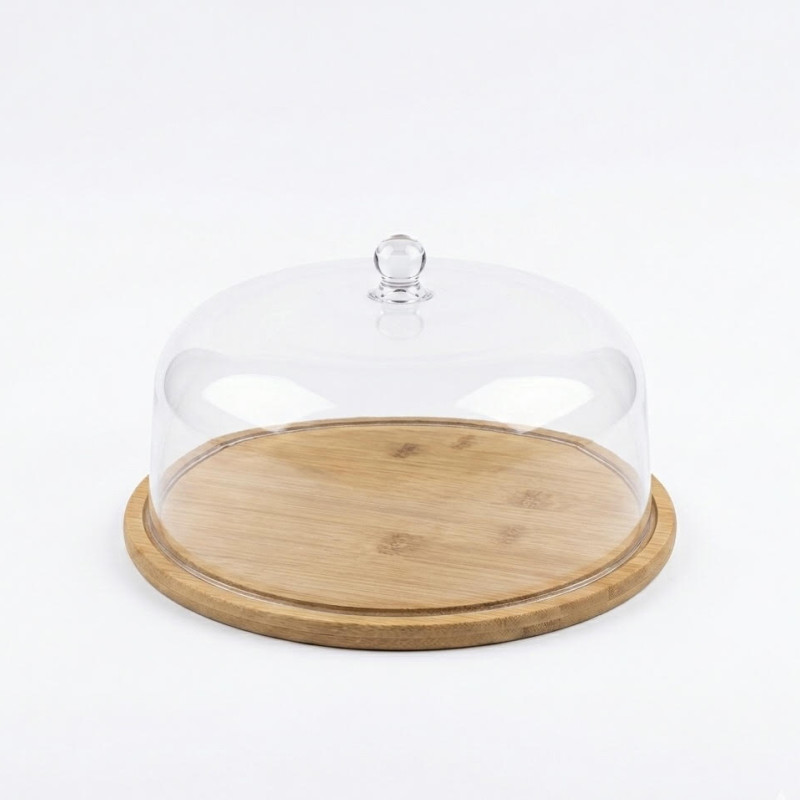 Τουρτιέρα με Βάση Bamboo 33cm & Διάφανο Καπάκι Καμπάνα – Minimal Βάση Παρουσίασης & Διατήρησης Γλυκών