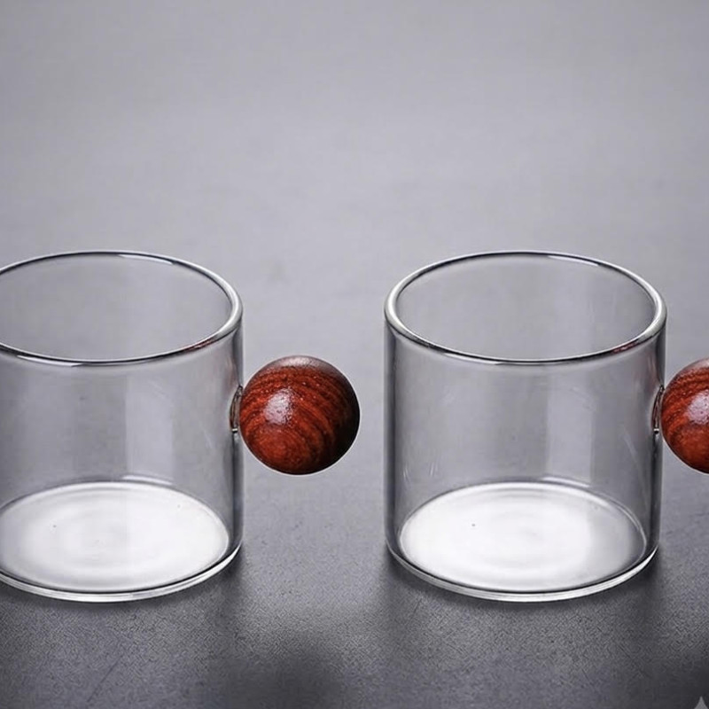 Σετ 2 Γυάλινα Φλιτζάνια Espresso Minimal με Ξύλινη Λαβή