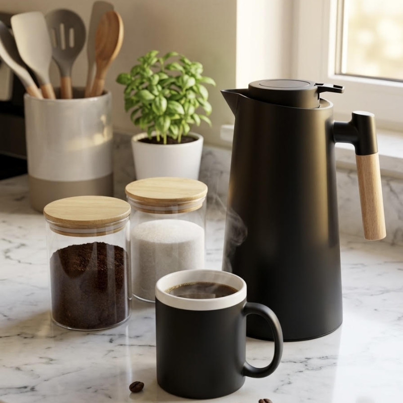 Premium Σετ 3τμχ: Κανάτα Θερμός Bamboo Design 1Lt & Κούπα Μαυροπίνακας με Κιμωλία - Μαύρο