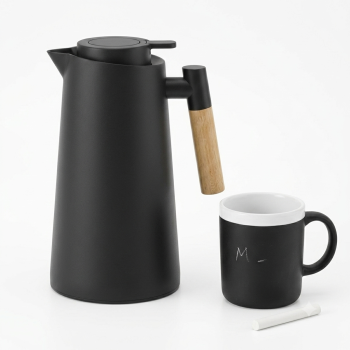 Premium Σετ 3τμχ: Κανάτα Θερμός Bamboo Design 1Lt & Κούπα Μαυροπίνακας με Κιμωλία - Μαύρο