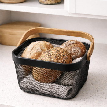 καλαθι μεταλλικο με ξυλινο χερουλι ΜΑΥΡΟ