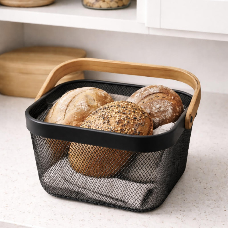 καλαθι μεταλλικο με ξυλινο χερουλι ΜΑΥΡΟ