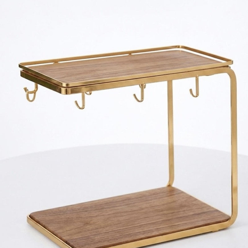Set Luxury Vintage: Χρυσή Μεταλλική Ραφιέρα 2 Επιπέδων με Ξύλινες Βάσεις & 2 Κεραμικές Κούπες 320ml (Χρυσό Πουά)