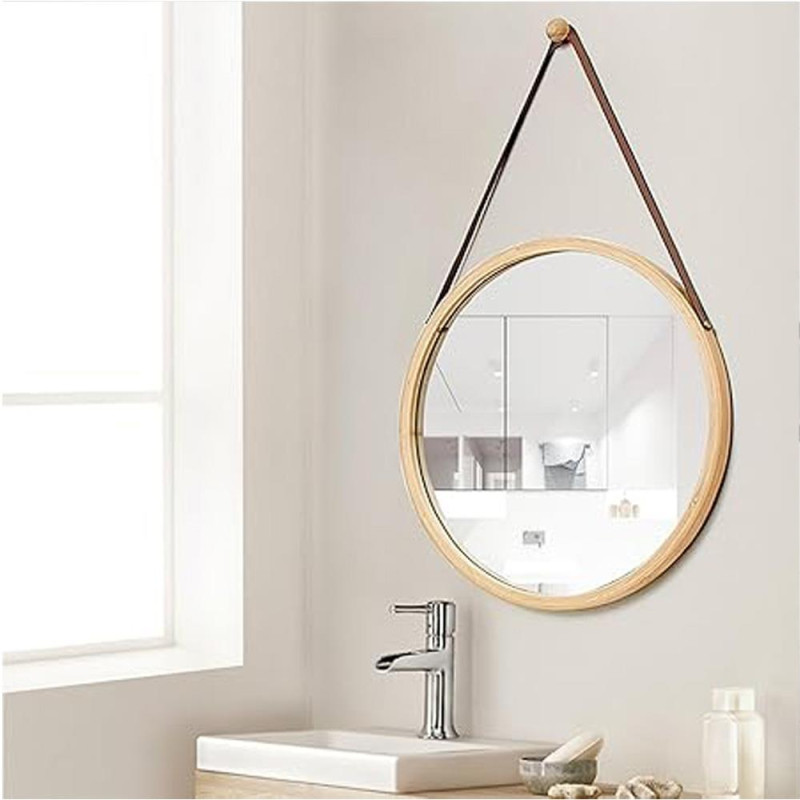 Καθρέφτης τοίχου με λουρί  από μπαμπού Ø30εκ.